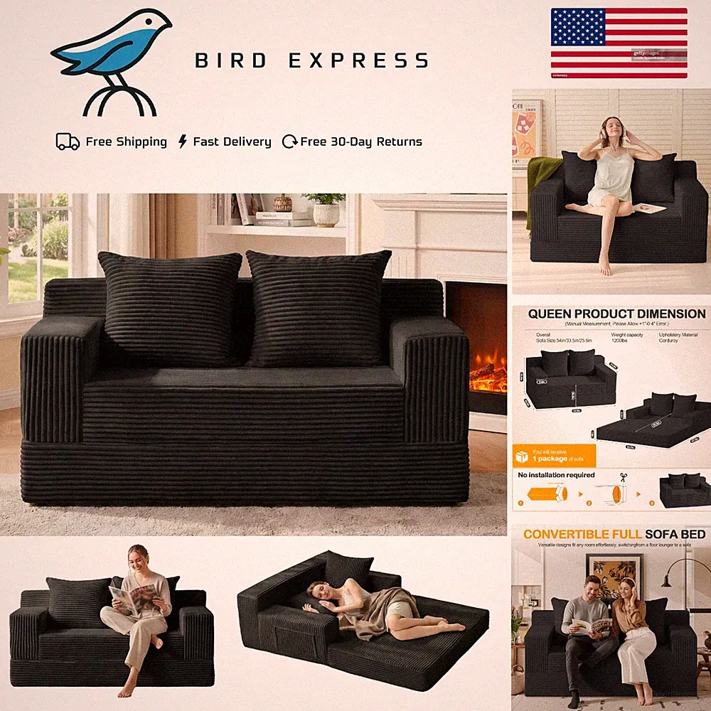 Convertible Loveseat Boneless Sofa Bed with Memory Foam Cushions Black Modern