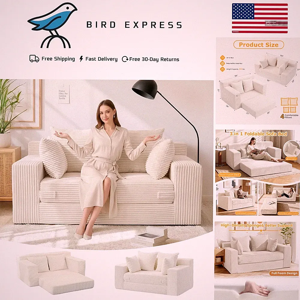 Convertible loveseat sofa bed 3-in-1 with pillows beige corduroy no assembly
