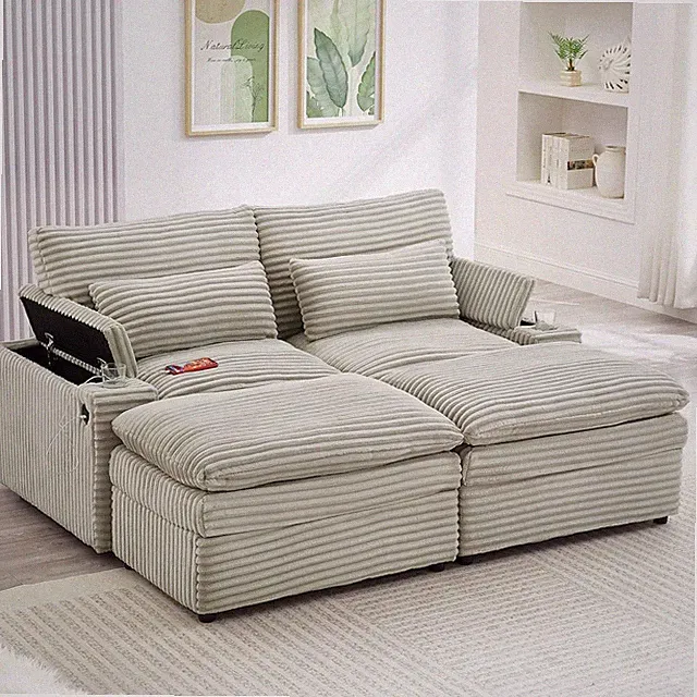 Convertible Loveseat Sofa with Storage, USB Ports & Ottomans - Grey