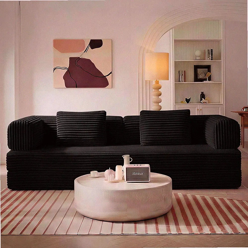 Convertible Modular Floor Sofa Bed with Pillow Back Support and Corduroy Fabric