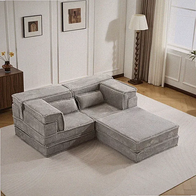 Convertible Modular Mahjong Sofa Bed w/ Ottoman, Light Grey Circle Fleece Fabric