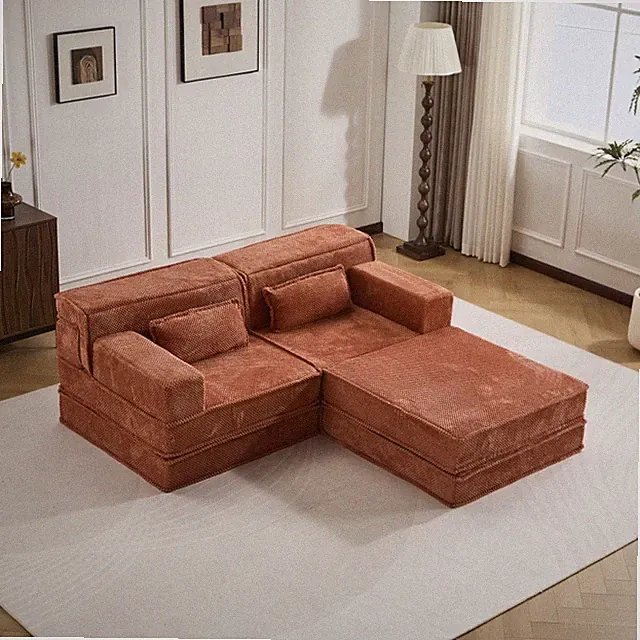 Convertible Modular Sofa Bed w/ Ottoman, Circle Fleece Fabric, Orange