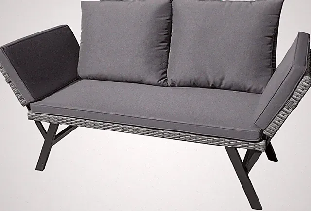 Convertible Outdoor Sofa with Cushions, Rattan Patio Furniture, Gray & Blue