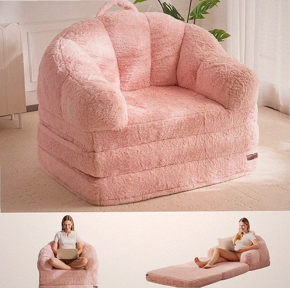 Convertible Pink Faux Fur Sofa Bed & Lounger - Comfy Floor Sleeper Chair