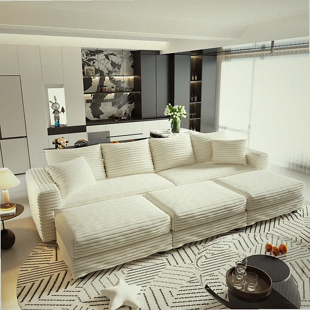 Convertible Plush Corduroy Cloud Couch 4-Seat Sofa with Ottomans, Beige/White