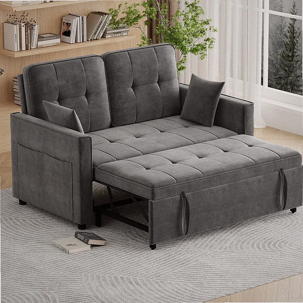 Convertible Pull Out Sofa Sleeper Bed Velvet Adjustable Backrest 2 Pillows