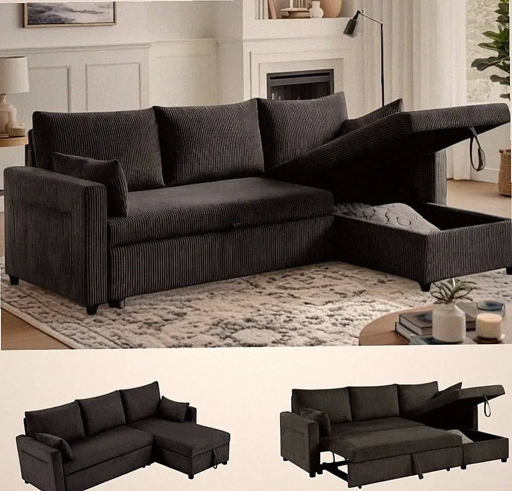 Convertible Queen Sleeper Sofa with Storage, L-Shaped Sectional, Black