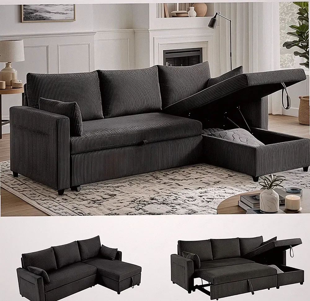 Convertible Queen Sleeper Sofa with Storage, L-Shaped Sectional Couch, Black