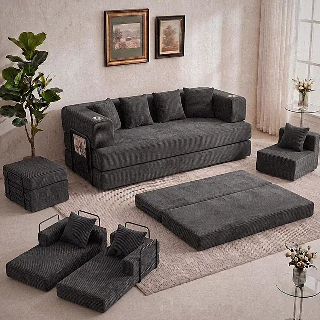 Convertible Queen Sofa Bed with Memory Foam, 4 Pillows & Cup Holders, Dark Gray