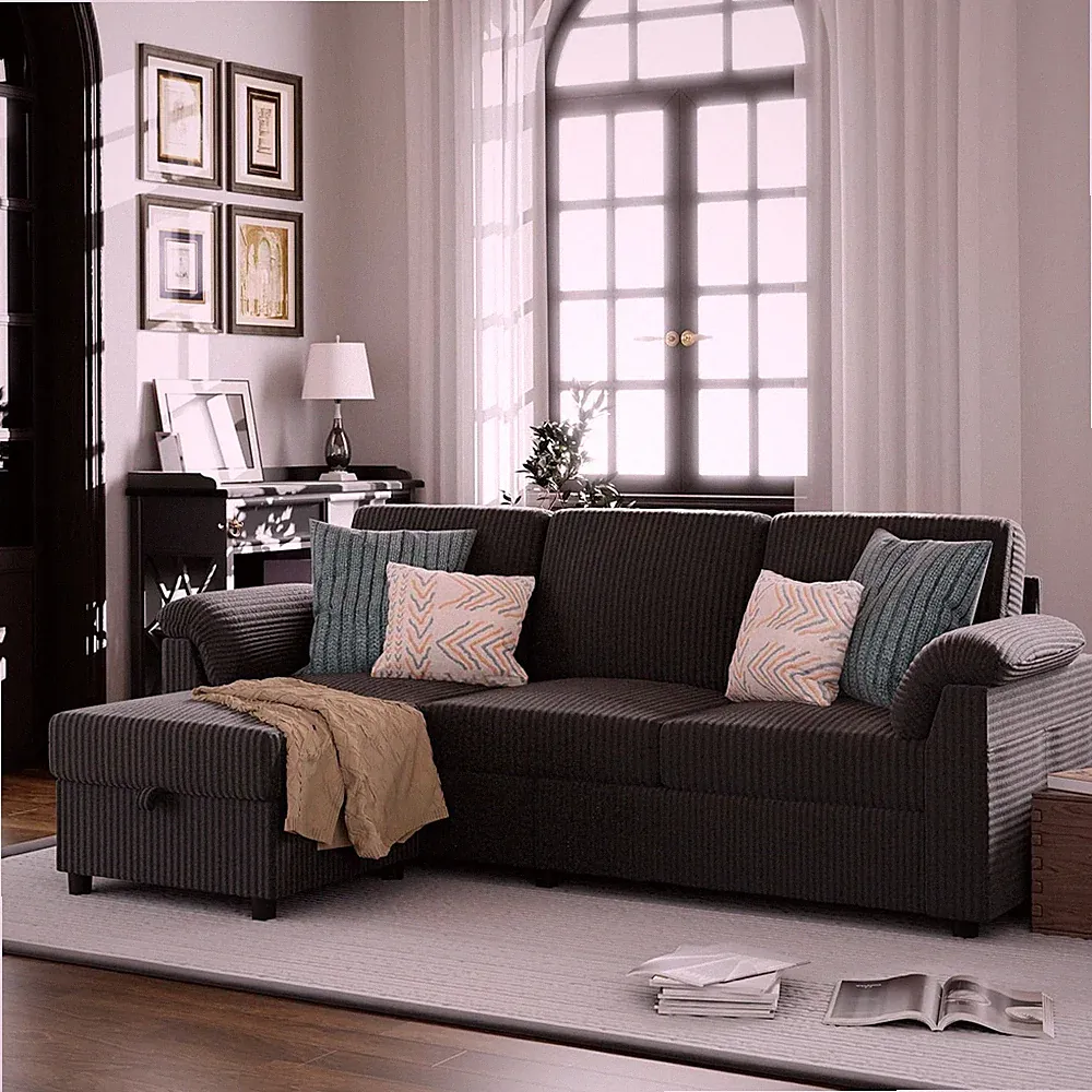 Convertible Sectional Couches, 3 Seat L Shaped Couch Sofa , Black