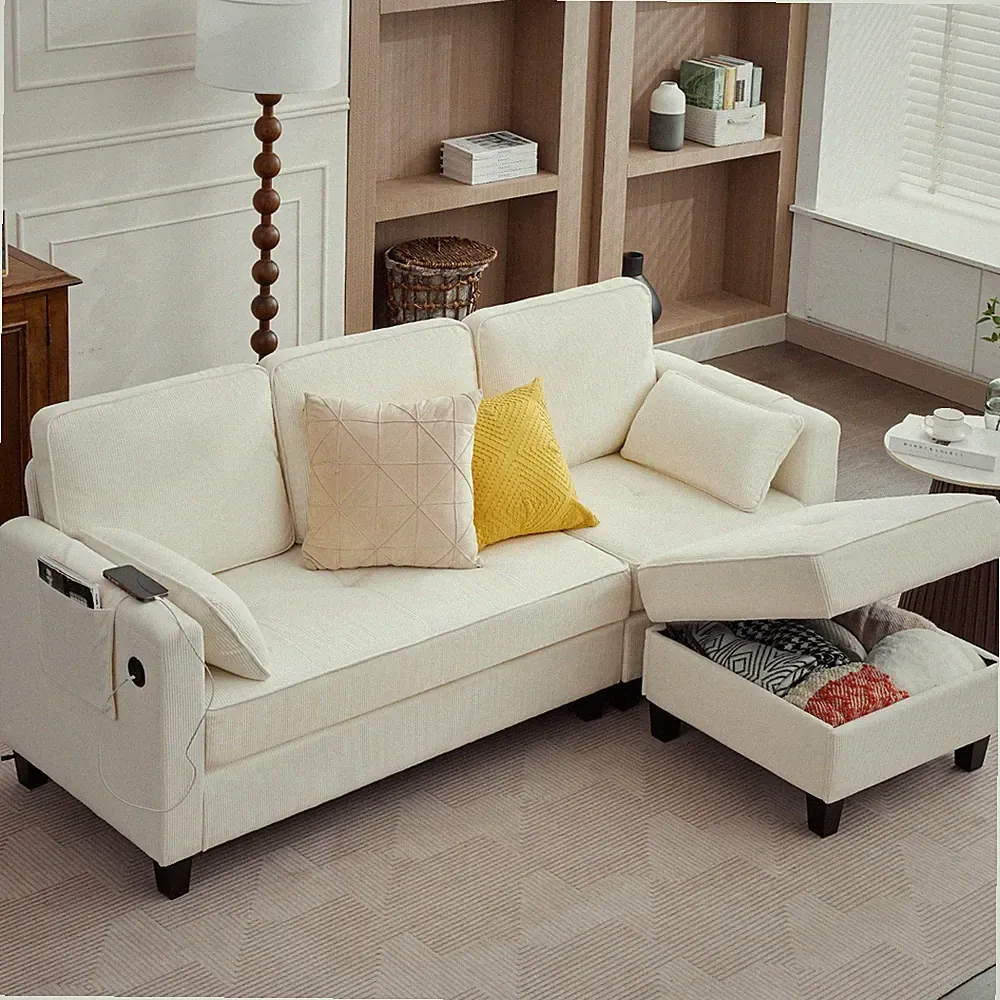Convertible Sectional Couches W/Storage Chaise, USB Ports, Side Pockets