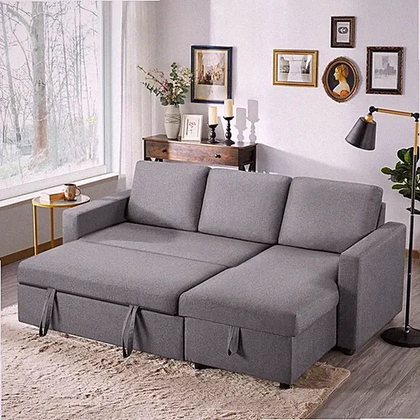 Convertible Sectional Reversible Sofa Couch Bed L-Shaped w/Chaise&USB Light Gray