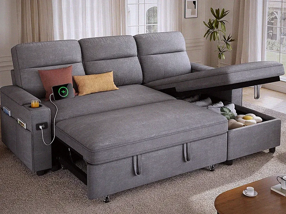 Convertible Sectional Sleeper Sofa with USB Port & Adjustable Backrest, Grey