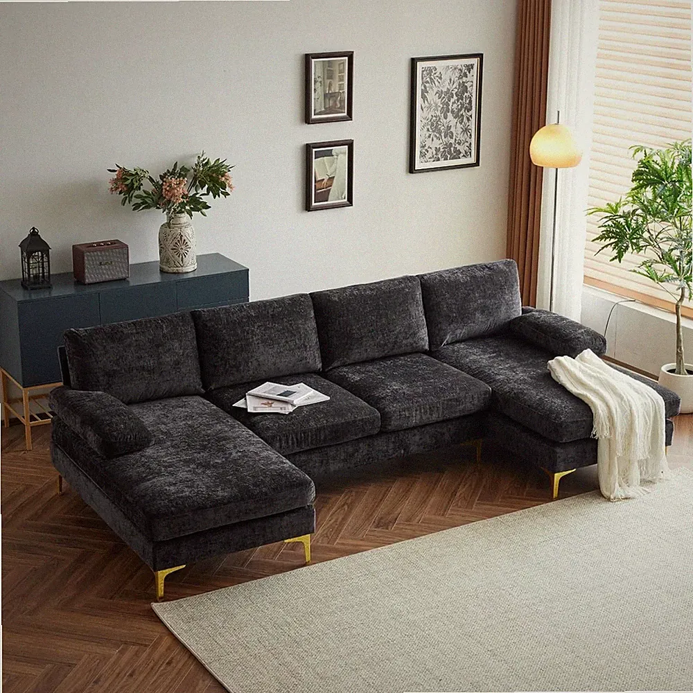 Convertible Sectional Sofa 110"U-Shape Sofa Couch 4-Seat Couch w/Chaise Chenille