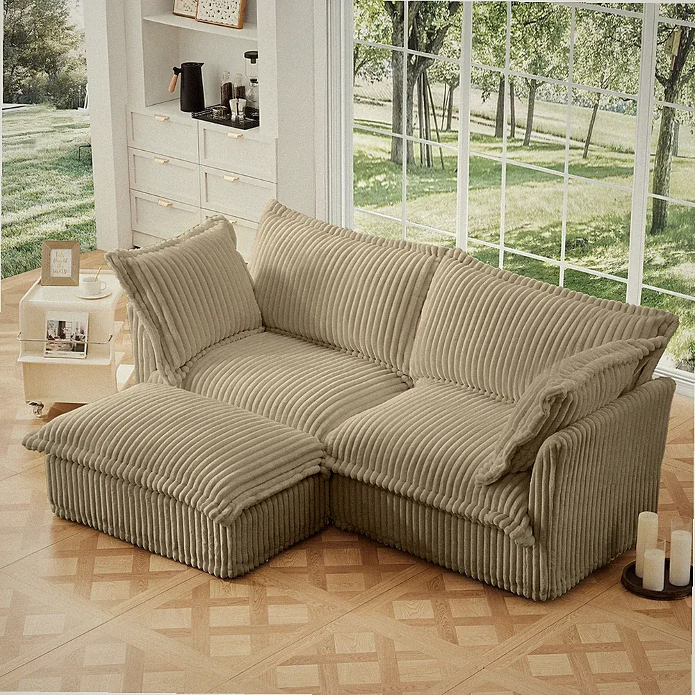 Convertible Sectional Sofa 2-Seater w/ Ottoman & Removable Camel Corduroy Cover