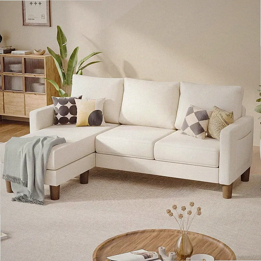 Convertible Sectional Sofa 3-Seater L-Shape Removable Footrest Chaise Cream