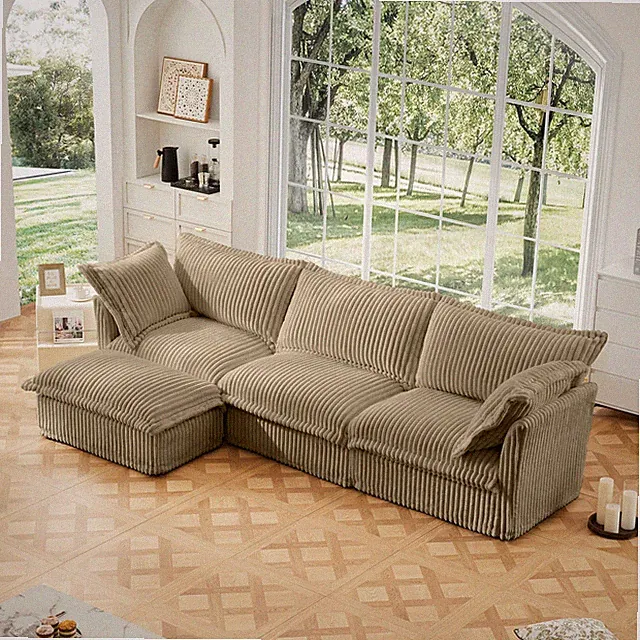 Convertible Sectional Sofa 3 Seater w/ Ottoman & Pillows, Camel Corduroy