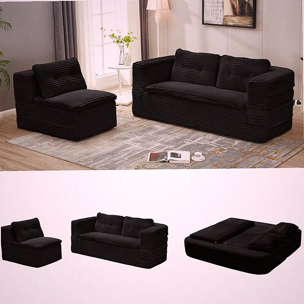 Convertible Sectional Sofa Bed with Chaise Lounge & Blanket 80" King