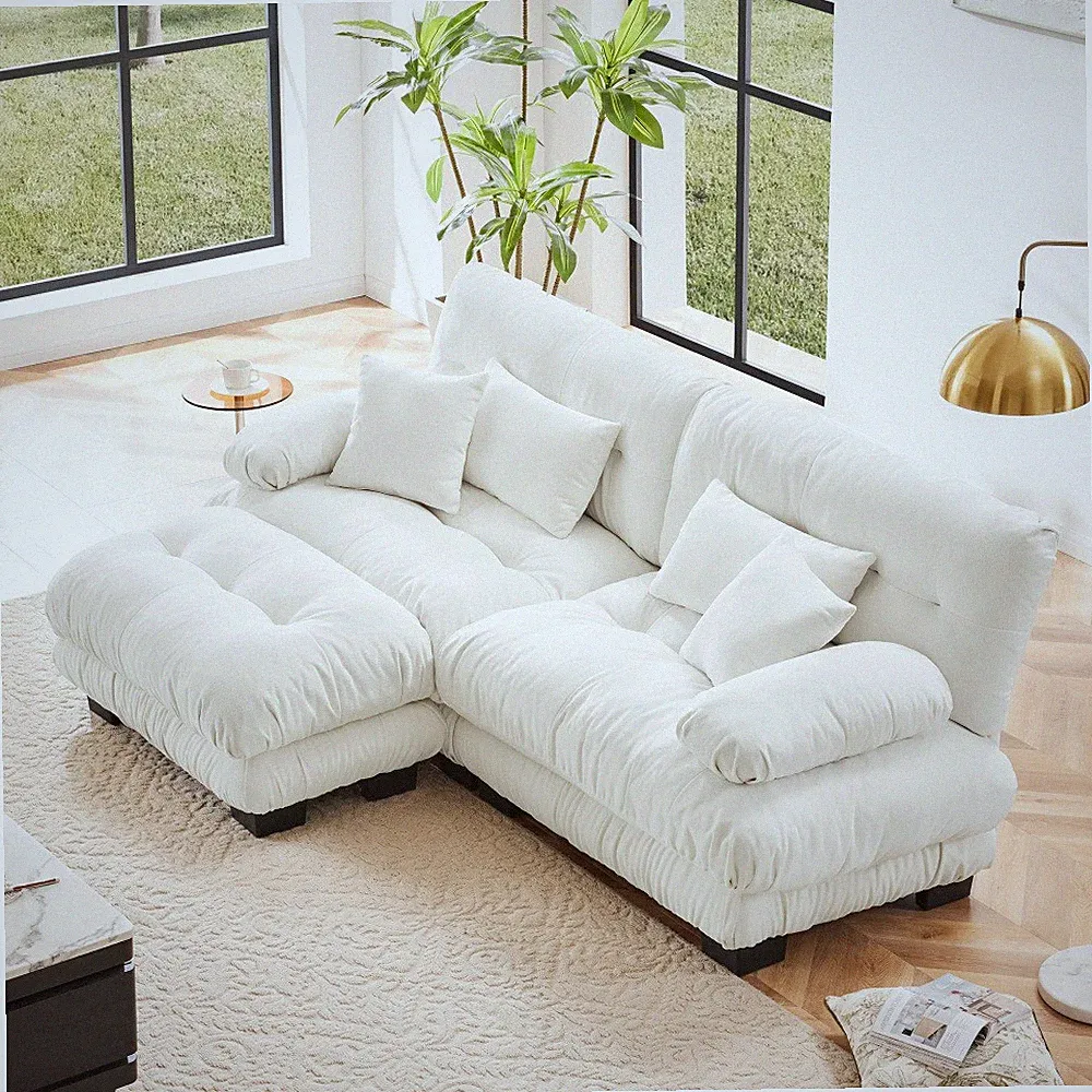 Convertible Sectional Sofa Chenille White w/ Ottoman & Throw Pillows