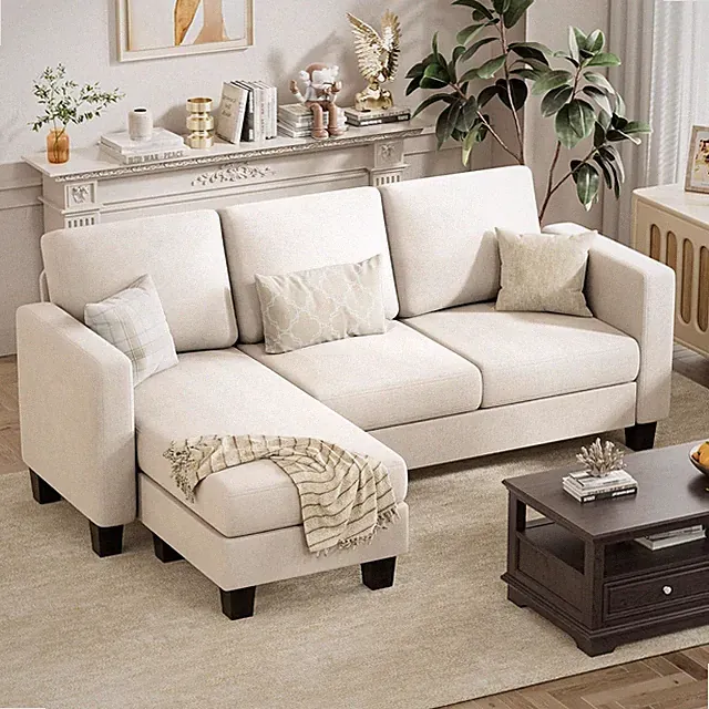 Convertible Sectional Sofa Couch 3 Seat L-Shaped Sofa Linen Fabric Ottoman