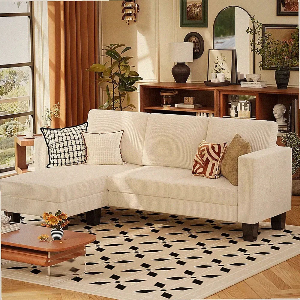 Convertible Sectional Sofa Couch 3 Seat L-Shaped Sofa Linen Fabric Ottoman