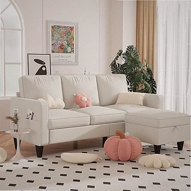 Convertible Sectional Sofa Couch, Beige 3 Seat L-Shaped Sofa