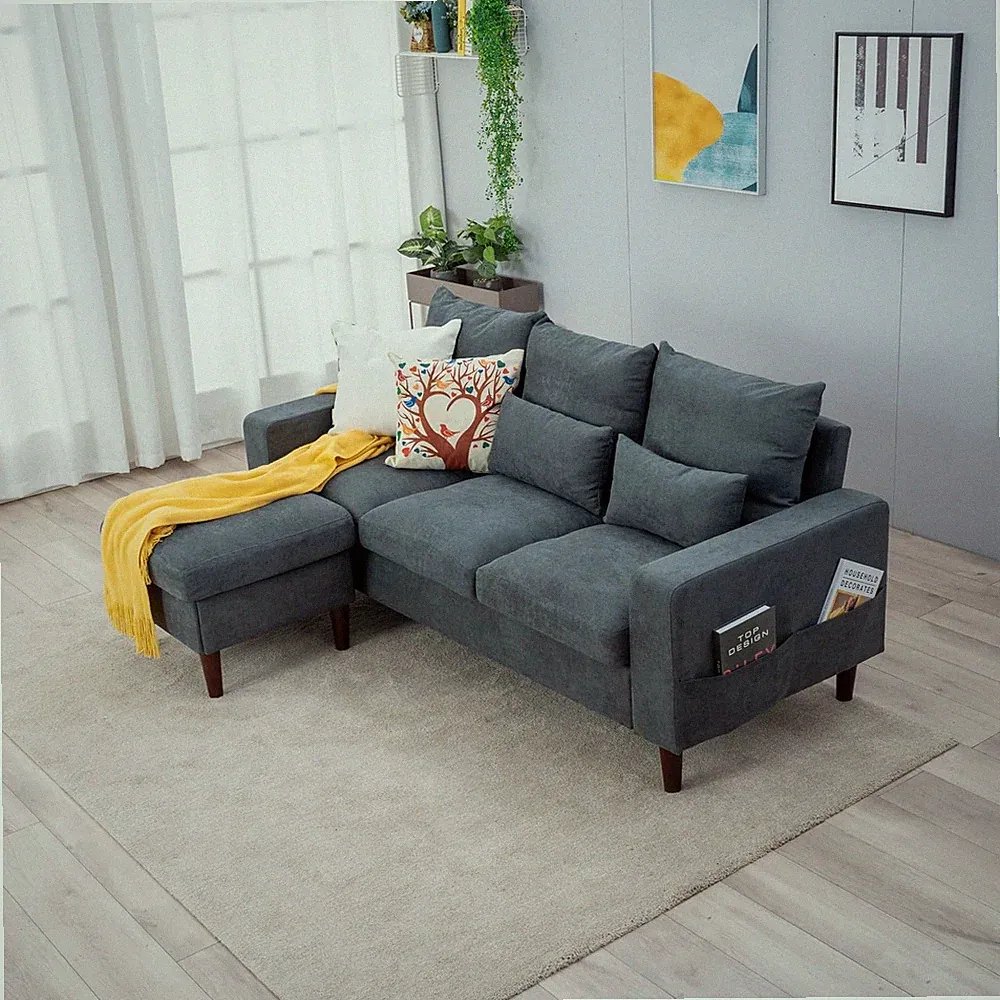 Convertible Sectional Sofa L-Shape 3 Seater Chaise Linen Grey Footstool