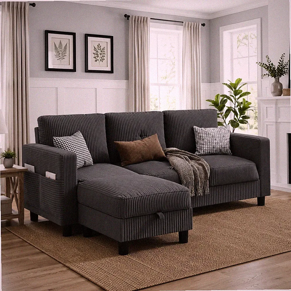 Convertible Sectional Sofa Storage Ottoman L Shaped 3 Seat Corduroy Dark Grey