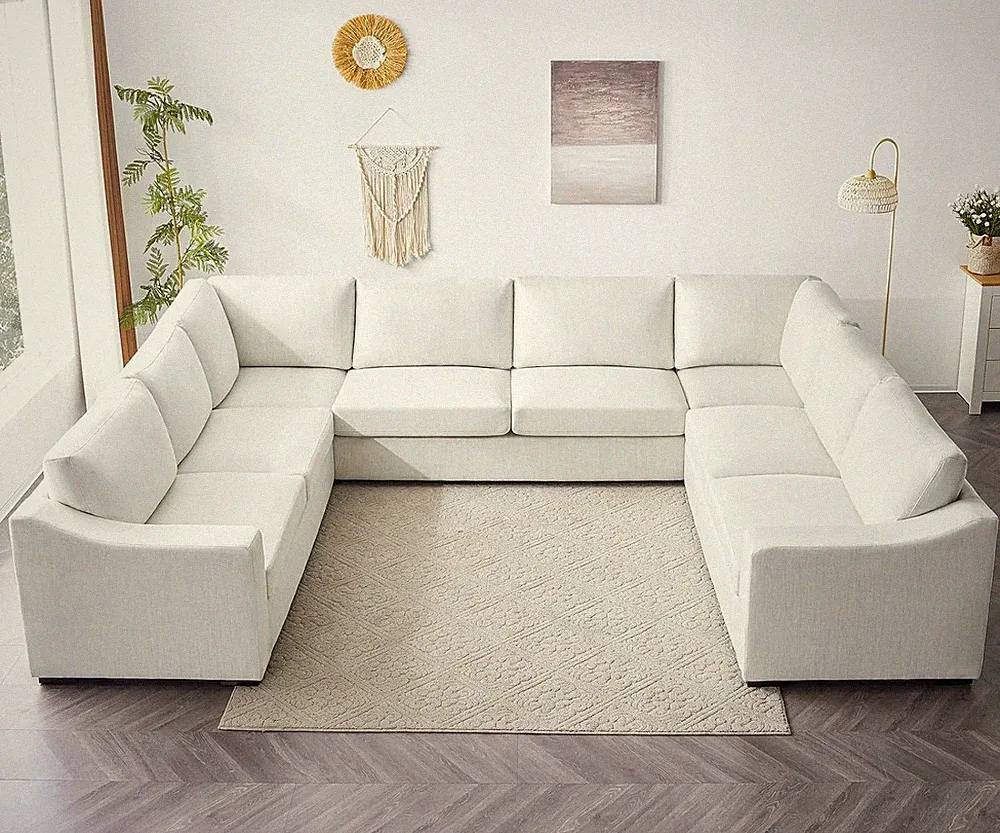 Convertible Sectional Sofa, U Shaped Couch, Natural Linen Fabric Couches with Ex