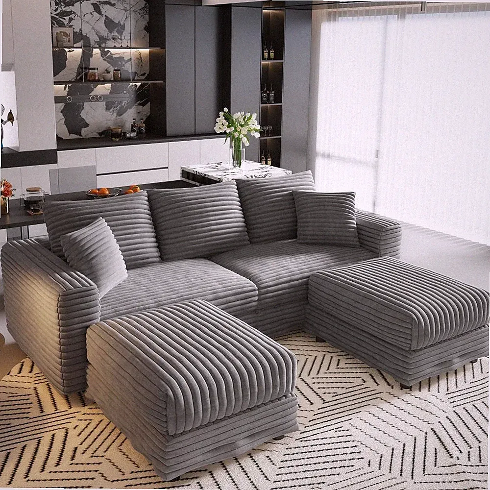 Convertible Sectional Sofa w/ 2 Ottomans - Grey Cloud Corduroy Plush Couch