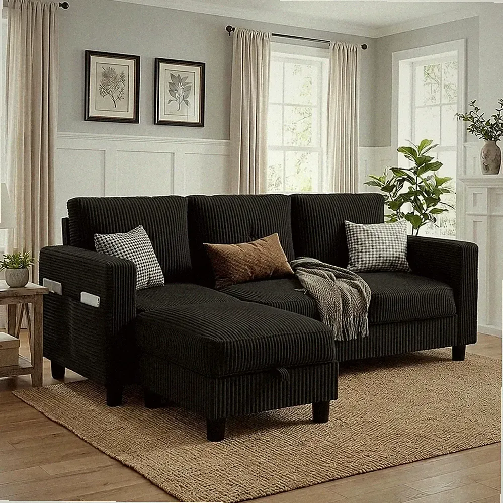 Convertible Sectional Sofa with Storage Ottoman, 77” L-Shaped 3-Seat Couch with