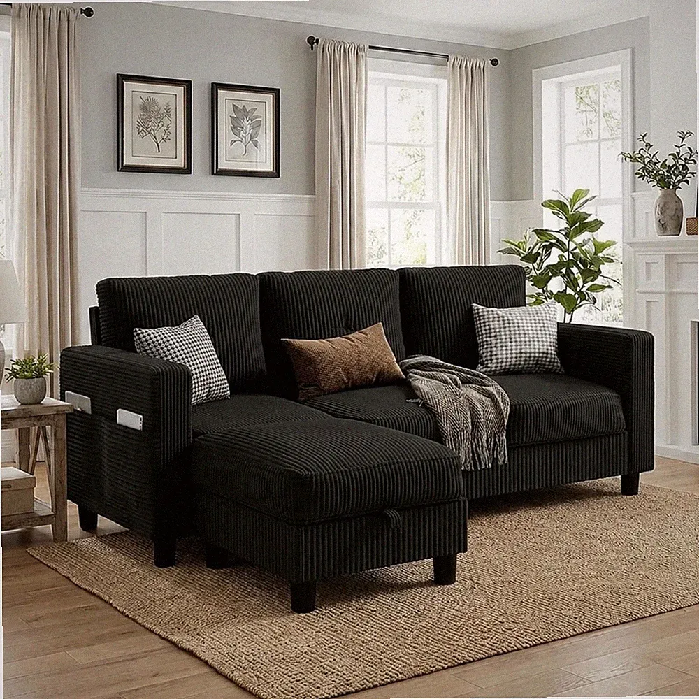 Convertible Sectional Sofa with Storage Ottoman, 77” L-Shaped 3-Seat Couch with