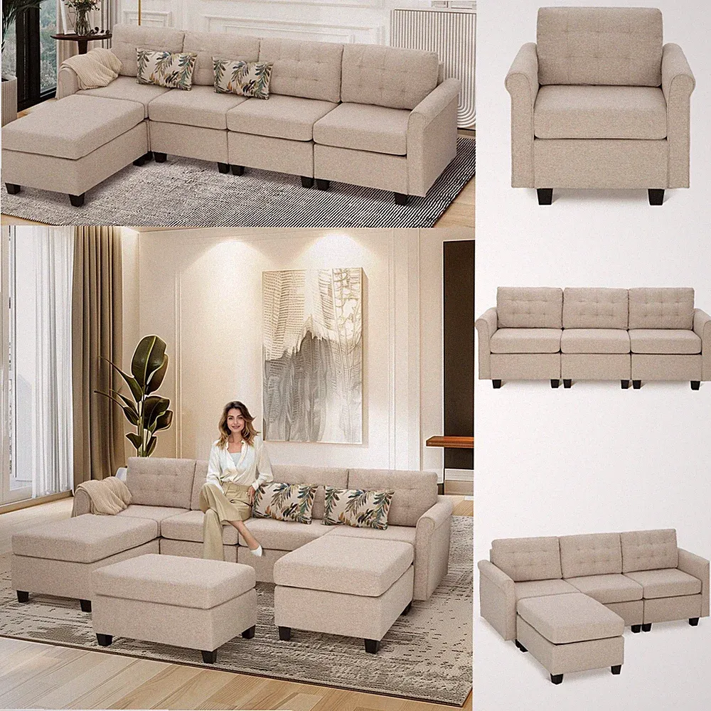 Convertible Sectional Sofas Couches for Living Room Built-inspace Storage Beige