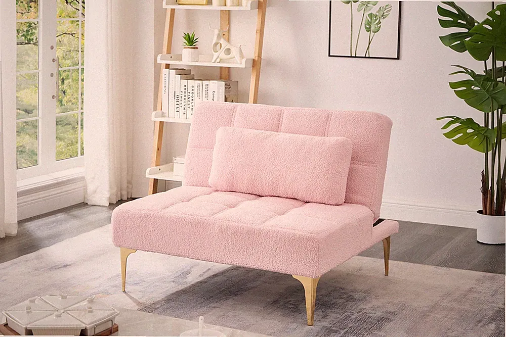 Convertible single sofa bed futon with gold metal legs teddy fabric (Pink)