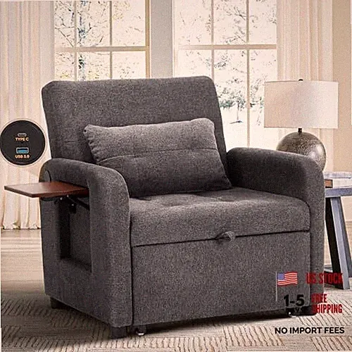 Convertible Sleeper Chair-Fabric Futon Sofa Bed, Single Sleeper New Darkgrey