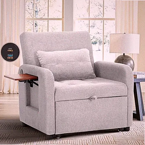 Convertible Sleeper Chair-Fabric Futon Sofa Bed, Single Sleeper Sofa, Lightgrey