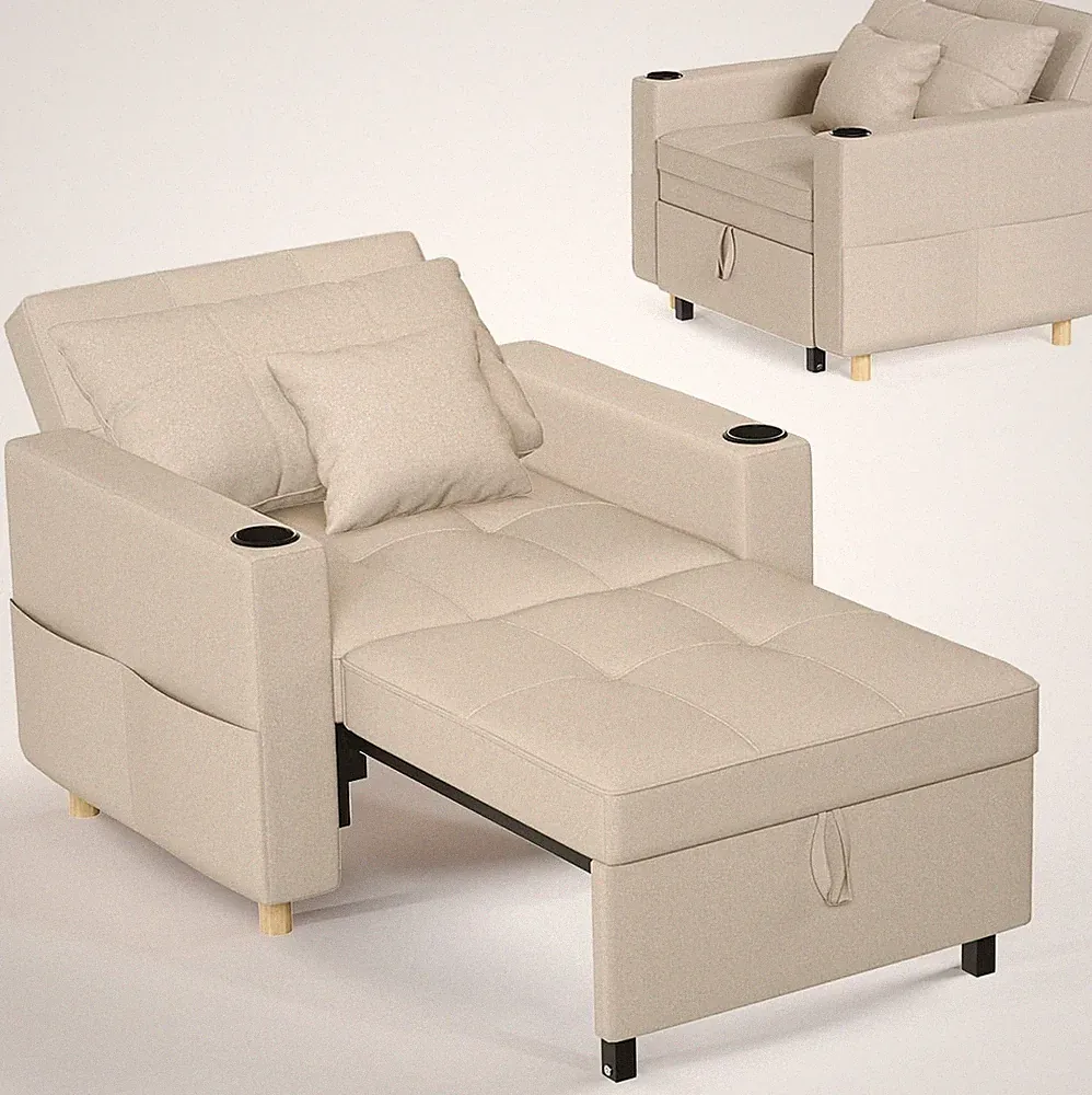 Convertible Sleeper Chair Pull-Out Sofa Bed Beige 38.2 in W x 74 in D x 33 in H