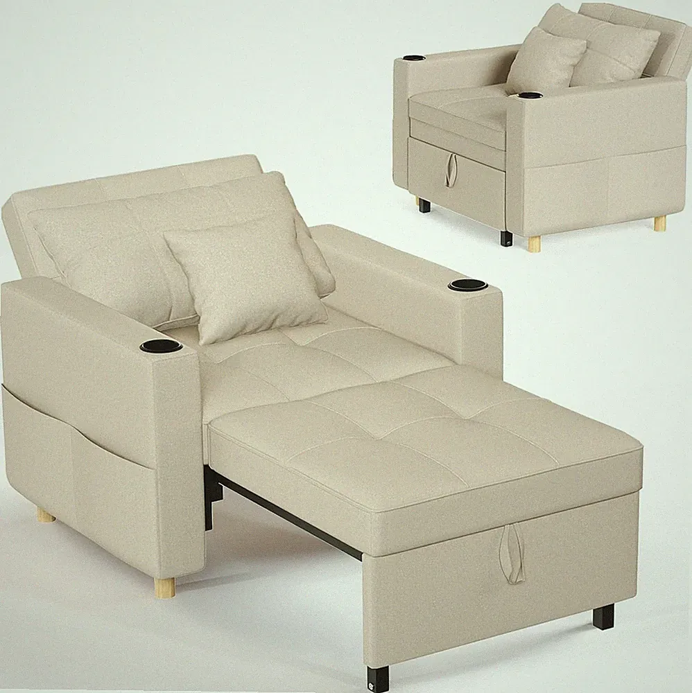 Convertible Sleeper Chair Sofa Bed Beige 1-Seater 38.2 in W x 74 in D x 33 in H
