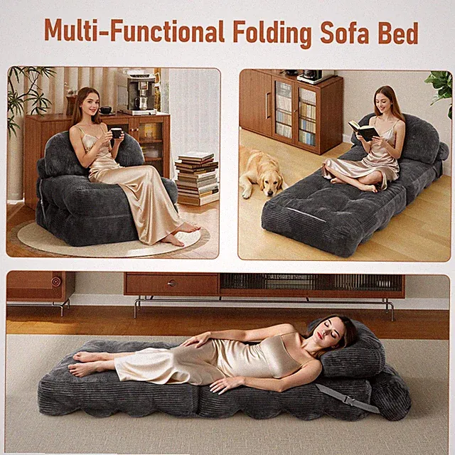 Convertible Sleeper Chair With Back Support and Pillow Gray For Adults Clearance