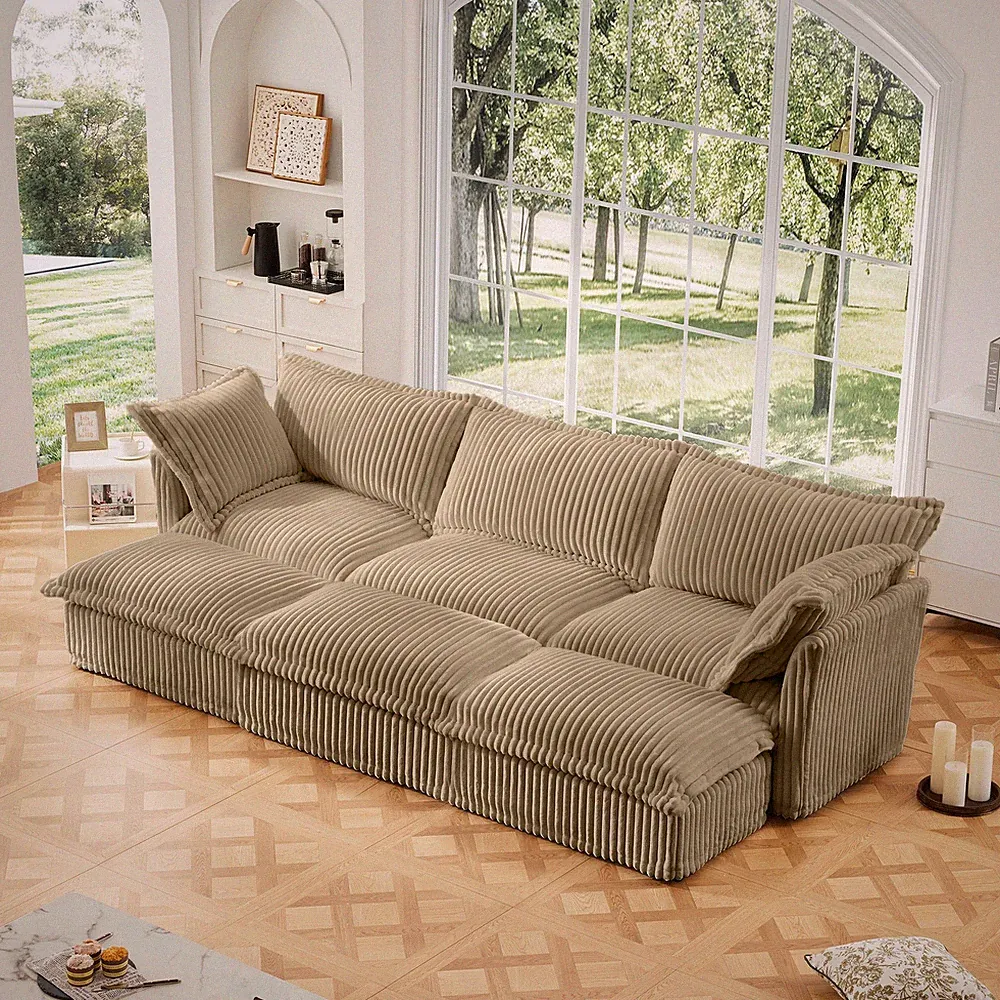 Convertible Sleeper Sofa 3 Seater w/ Ottomans U Shape Sectional Corduroy Camel
