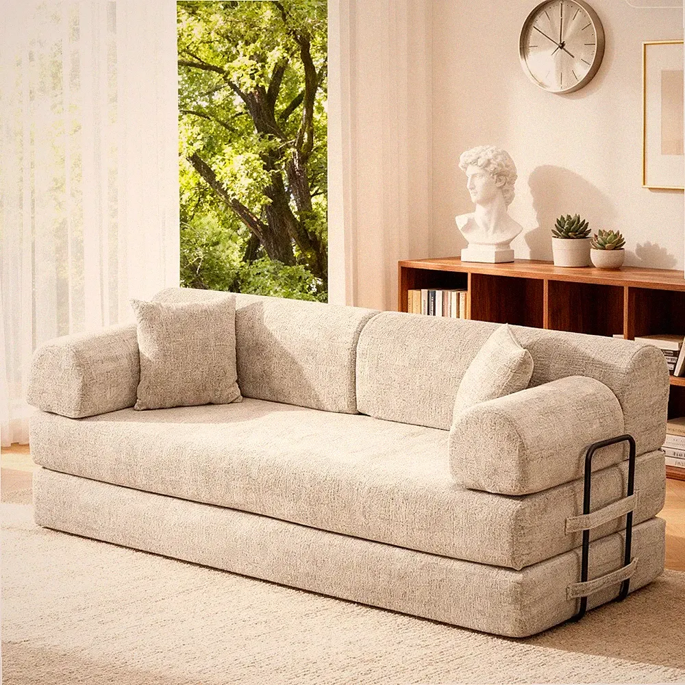 Convertible Sleeper Sofa Bed 3-Seater w/ Boucle Fabric, Light Camel