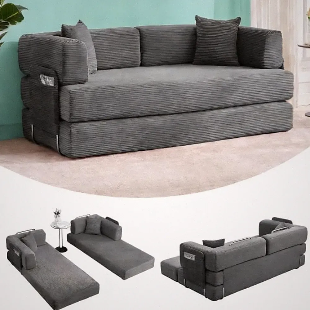 Convertible Sleeper Sofa Bed: 78.8" Oversized Corduroy with Fixed Frame & Pillow