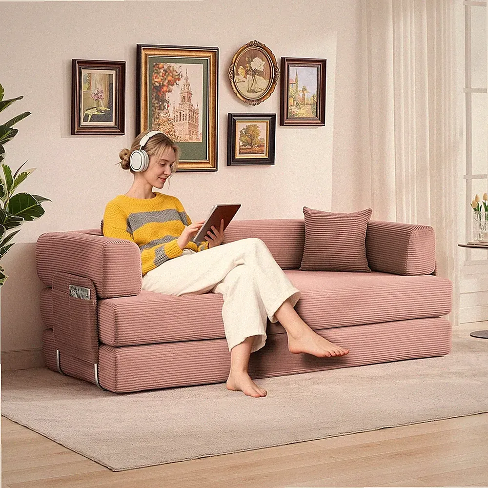 Convertible Sleeper Sofa Bed: 78.8" Oversized Corduroy with Fixed Frame & Pillow