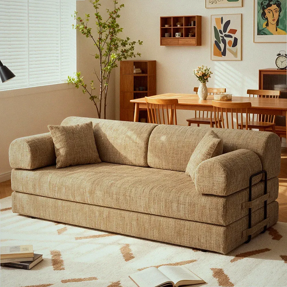 Convertible Sleeper Sofa Bed Boucle Fabric 78.74" L Ochre