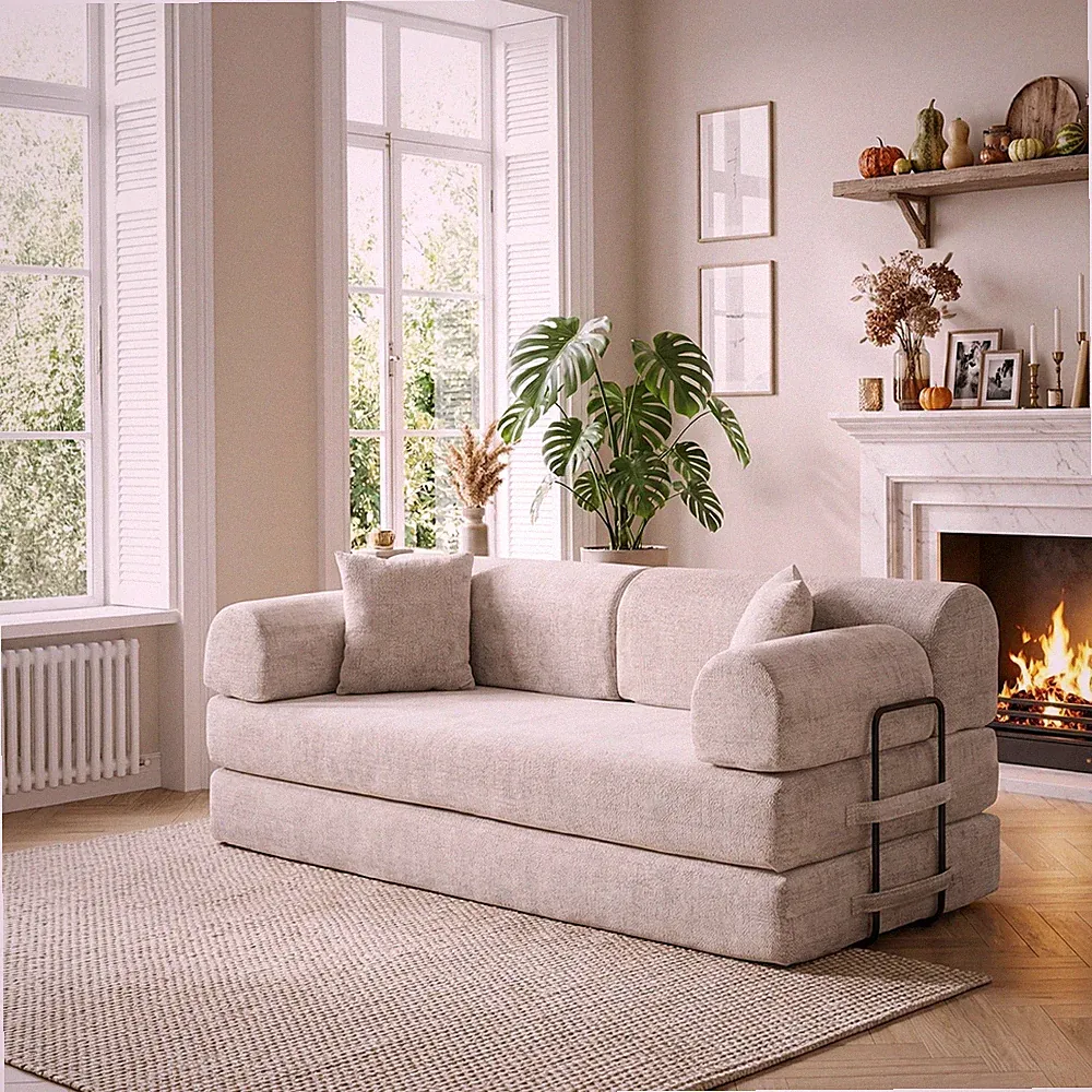 Convertible Sleeper Sofa Bed Boucle Folding Mattress Couch Fixed-Shape Frame