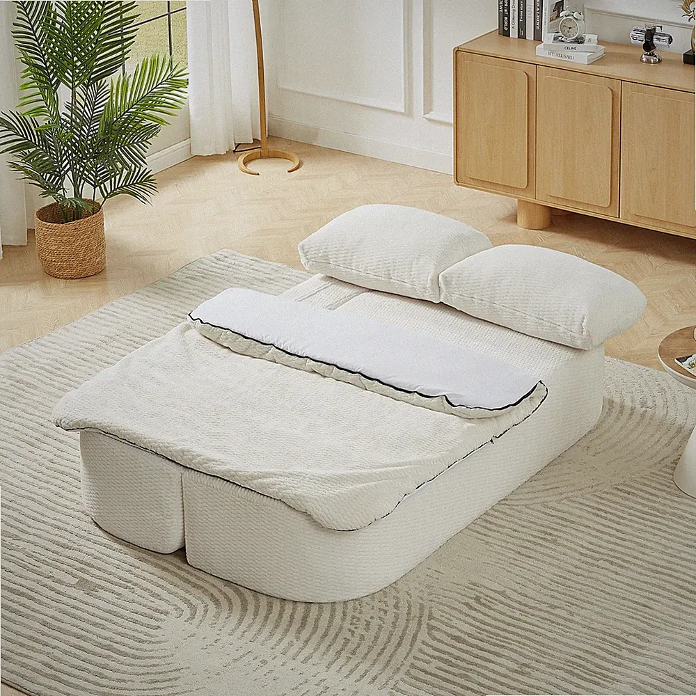 Convertible Sleeper Sofa Bed, Cream Fabric Futon Couch for Living Room