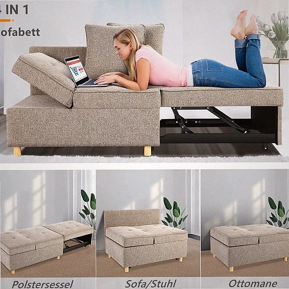 Convertible Sleeper Sofa Bed Linen Fabric Loveseat Pull Out with 2 Throw Pillow