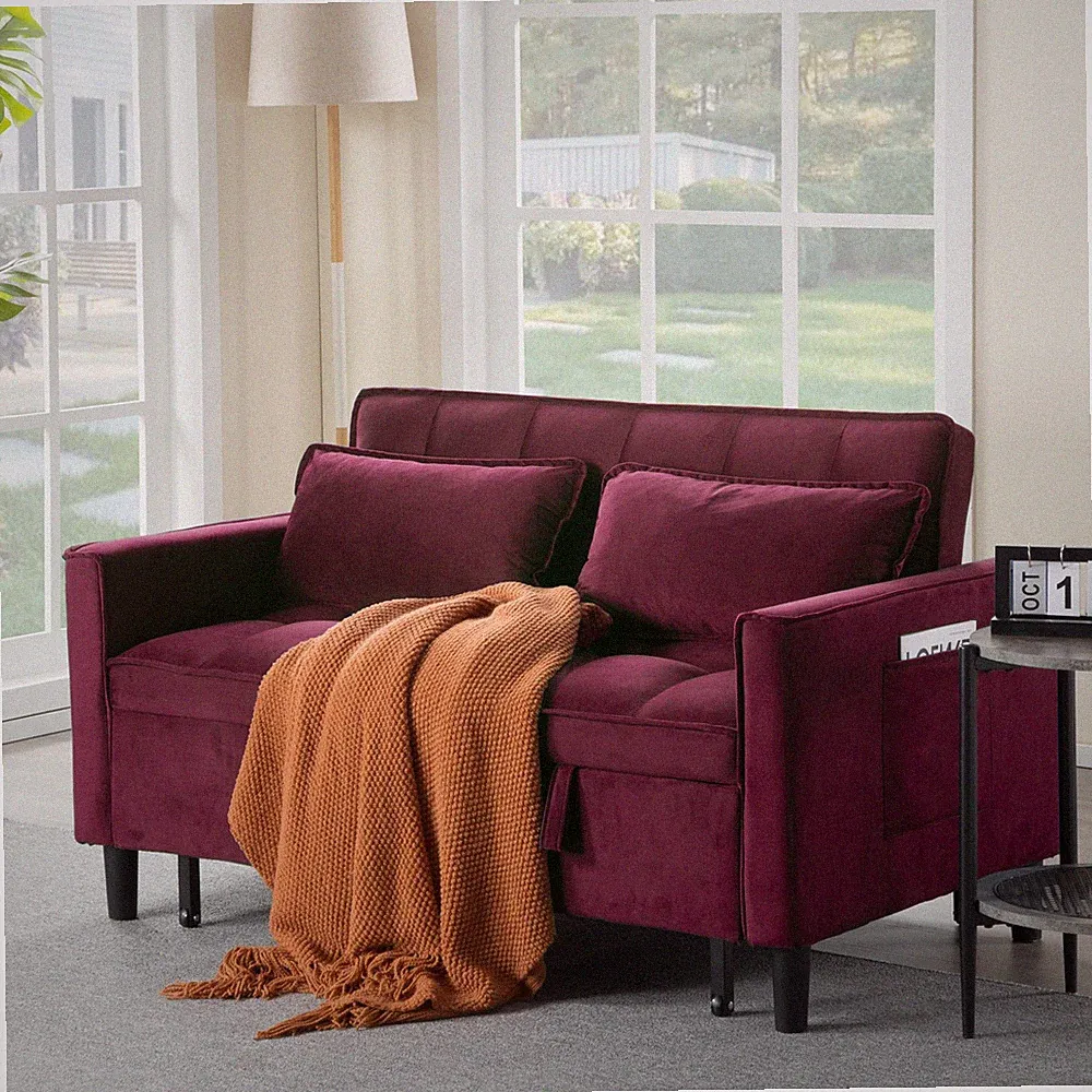 Convertible Sleeper Sofa Bed Loveseat Twin Pull-Out Velvet Storage Side Pocket