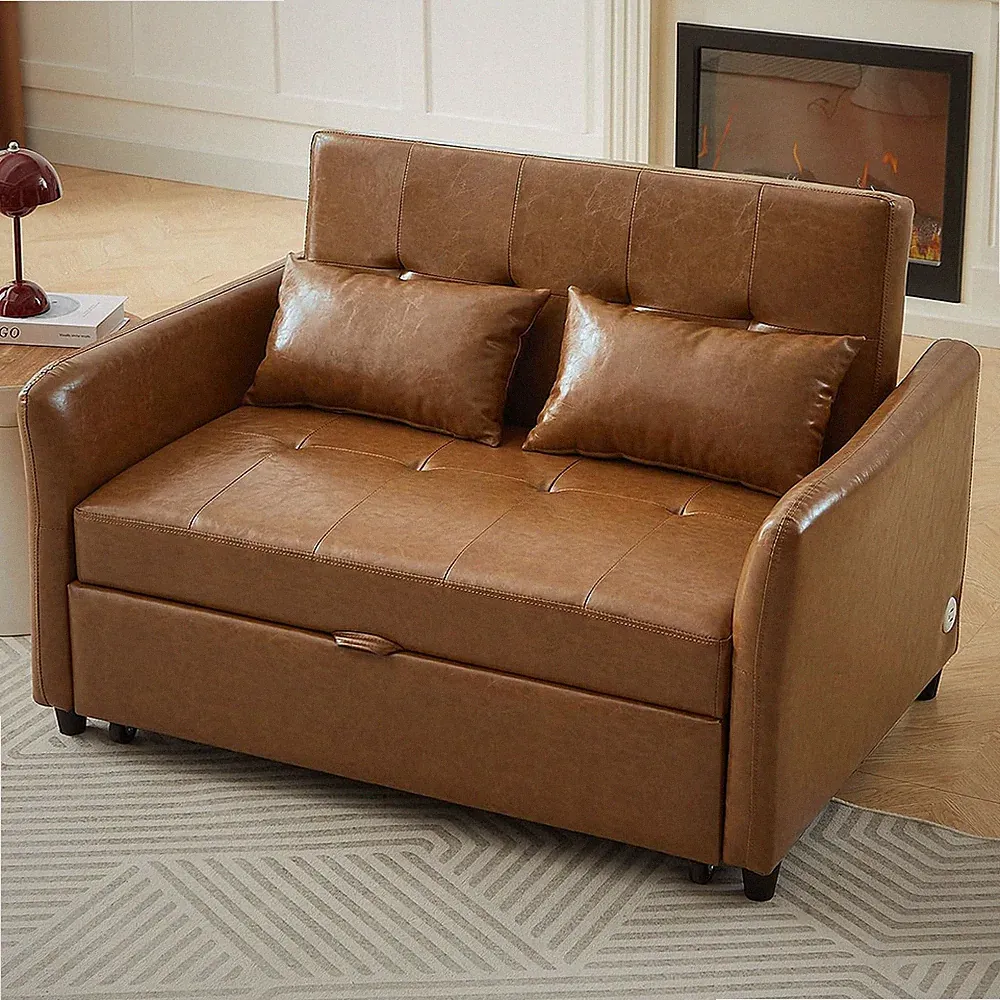 Convertible Sleeper Sofa Bed Modern PU Leather Loveseat Sofa with Pull-Out Bed