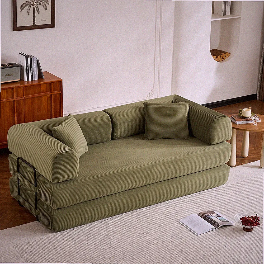 Convertible Sleeper Sofa Bed w/Cylindrical Pillow,Corduroy Folding Mattress